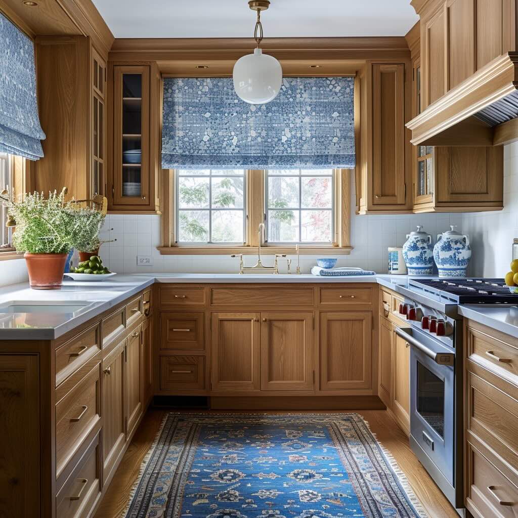warm kitchen with rug and window treatment to balance warm wood tone