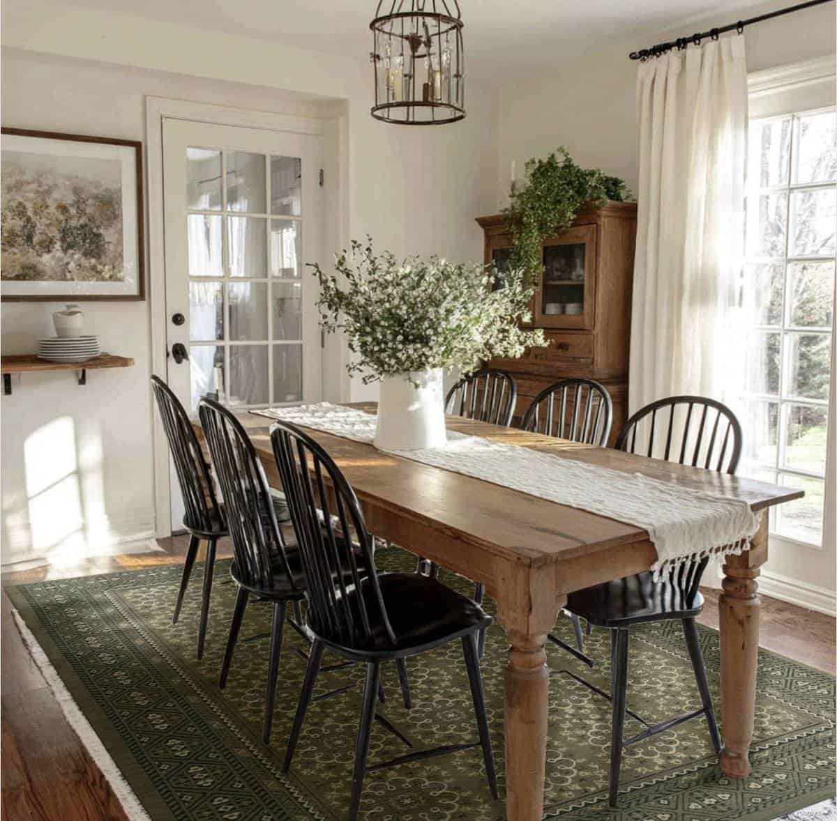 farmhouse dining room with colorful rug