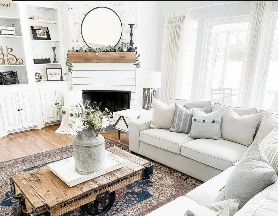farmhouse living room with new rug
