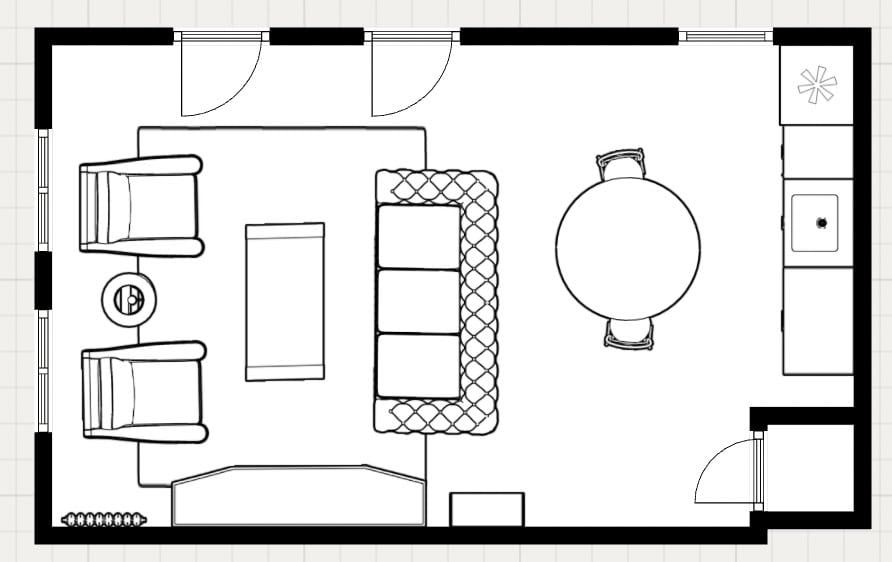 Floor plan layout for a combined living and dining room in a New York City apartment