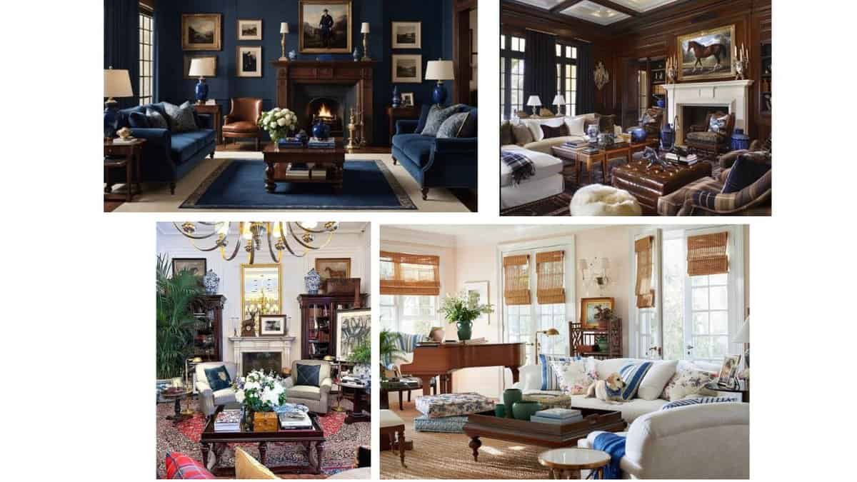Dark moody Ralph Lauren style living room showing how wall color creates coziness
