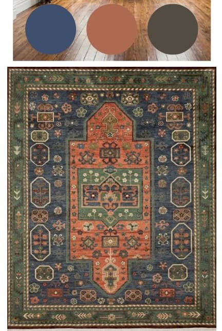 Persian style rug with color palette dots showing the blues and greens used throughout the room