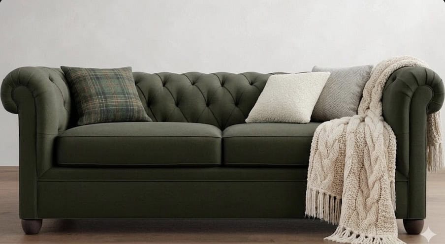 Fern green Chesterfield sofa with plaid and solid throw pillows